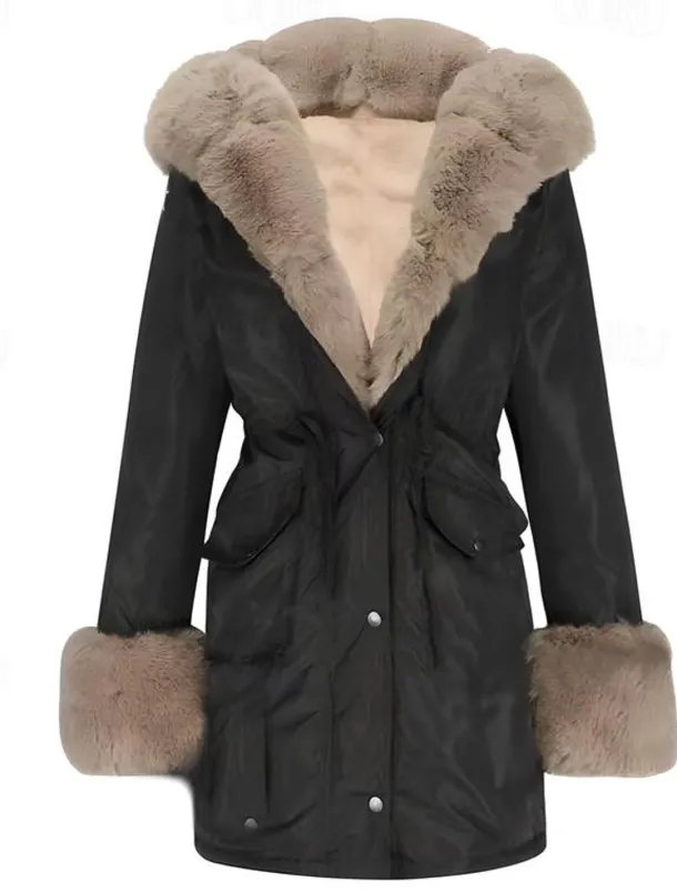 Women's Winter Coat Winter Jacket Parka Windproof Warm Zipper Pocket Drawstring Fur Collar Elegant Street Style Plain Street Casual Daily Wear Zipper Regular Hoodie Regular Fit Long Sleeve Outerwear