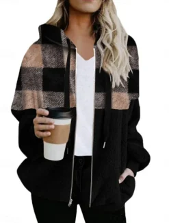 Women's Winter Coat Winter Jacket Teddy Coat Hoodie Jacket Outdoor Street Daily Fall Winter Regular Coat Regular Fit Warm Breathable Comtemporary Stylish Jacket Long Sleeve Stripes and Plaid with