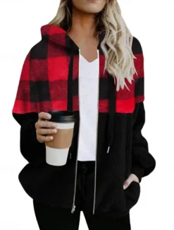 Women's Winter Coat Winter Jacket Teddy Coat Hoodie Jacket Outdoor Street Daily Fall Winter Regular Coat Regular Fit Warm Breathable Comtemporary Stylish Jacket Long Sleeve Stripes and Plaid with