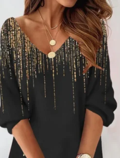 Women's Winter Dress Shift Dress Color Gradient Print V Neck Mini Dress Casual 3/4 Length Sleeve Summer Spring