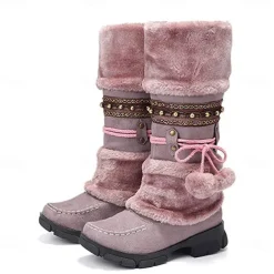 Women's Winter Faux Fur Boots with Decorative Pom-Poms and Beaded Trim - Perfect for Cold Weather and Casual Wear