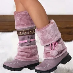 Women's Winter Faux Fur Boots with Decorative Pom-Poms and Beaded Trim - Perfect for Cold Weather and Casual Wear