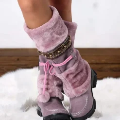 Women's Winter Faux Fur Boots with Decorative Pom-Poms and Beaded Trim - Perfect for Cold Weather and Casual Wear