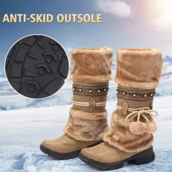 Women's Winter Faux Fur Boots with Decorative Pom-Poms and Beaded Trim - Perfect for Cold Weather and Casual Wear
