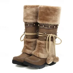 Women's Winter Faux Fur Boots with Decorative Pom-Poms and Beaded Trim - Perfect for Cold Weather and Casual Wear