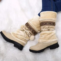 Women's Winter Faux Fur Boots with Decorative Pom-Poms and Beaded Trim - Perfect for Cold Weather and Casual Wear