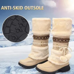 Women's Winter Faux Fur Boots with Decorative Pom-Poms and Beaded Trim - Perfect for Cold Weather and Casual Wear