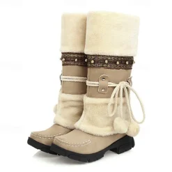 Women's Winter Faux Fur Boots with Decorative Pom-Poms and Beaded Trim - Perfect for Cold Weather and Casual Wear