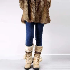 Women's Winter Faux Fur Boots with Decorative Pom-Poms and Beaded Trim - Perfect for Cold Weather and Casual Wear
