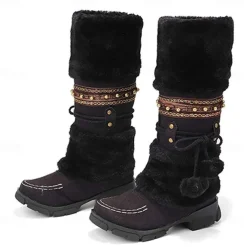 Women's Winter Faux Fur Boots with Decorative Pom-Poms and Beaded Trim - Perfect for Cold Weather and Casual Wear