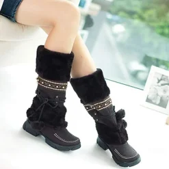 Women's Winter Faux Fur Boots with Decorative Pom-Poms and Beaded Trim - Perfect for Cold Weather and Casual Wear