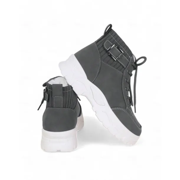 Women's Winter High-Top Sneakers with Fur Lining – Warm Lace-Up Ankle Boots with Chunky Sole and Buckle Detail for Casual Outdoor Wear