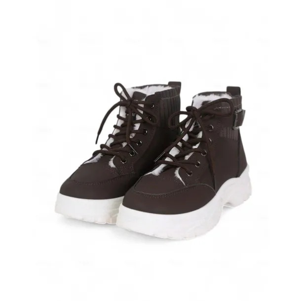 Women's Winter High-Top Sneakers with Fur Lining – Warm Lace-Up Ankle Boots with Chunky Sole and Buckle Detail for Casual Outdoor Wear