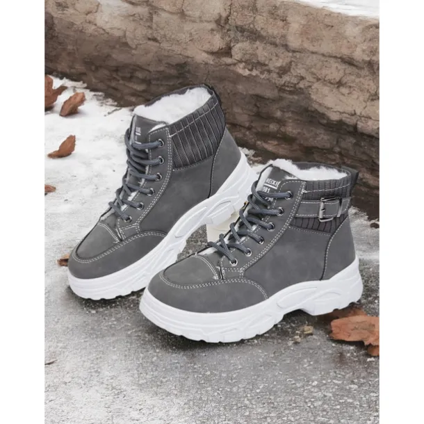 Women's Winter High-Top Sneakers with Fur Lining – Warm Lace-Up Ankle Boots with Chunky Sole and Buckle Detail for Casual Outdoor Wear