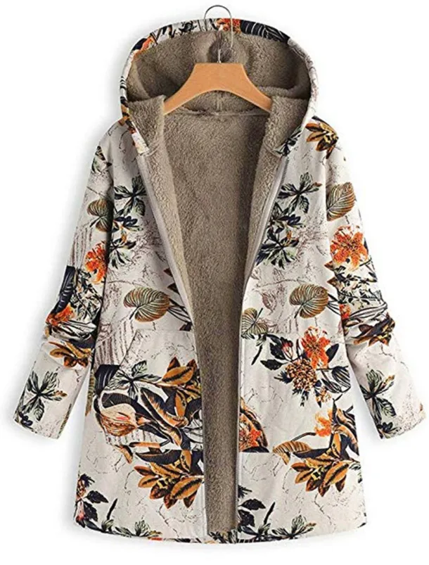 Women's Winter Jacket Fleece Jacket Sherpa Jacket Teddy Coat Daily Going out Fall Winter Regular Coat V Neck Loose Fit Warm Retro Casual Jacket Long Sleeve Trees / Leaves Pocket White Pattern Pink