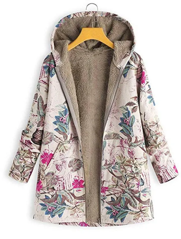 Women's Winter Jacket Fleece Jacket Sherpa Jacket Teddy Coat Daily Going out Fall Winter Regular Coat V Neck Loose Fit Warm Retro Casual Jacket Long Sleeve Trees / Leaves Pocket White Pattern Pink