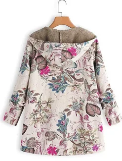 Women's Winter Jacket Fleece Jacket Sherpa Jacket Teddy Coat Daily Going out Fall Winter Regular Coat V Neck Loose Fit Warm Retro Casual Jacket Long Sleeve Trees / Leaves Pocket White Pattern Pink