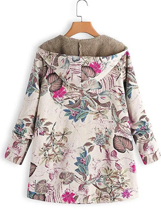 Women's Winter Jacket Fleece Jacket Sherpa Jacket Teddy Coat Daily Going out Fall Winter Regular Coat V Neck Loose Fit Warm Retro Casual Jacket Long Sleeve Trees / Leaves Pocket White Pattern Pink