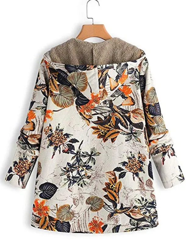 Women's Winter Jacket Fleece Jacket Sherpa Jacket Teddy Coat Daily Going out Fall Winter Regular Coat V Neck Loose Fit Warm Retro Casual Jacket Long Sleeve Trees / Leaves Pocket White Pattern Pink