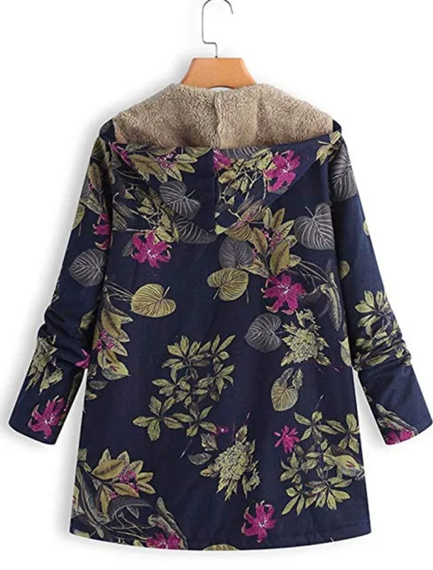 Women's Winter Jacket Fleece Jacket Sherpa Jacket Teddy Coat Daily Going out Fall Winter Regular Coat V Neck Loose Fit Warm Retro Casual Jacket Long Sleeve Trees / Leaves Pocket White Pattern Pink