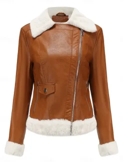 Women's Winter Jacket Fleece Jacket Warm Breathable Zipper Pocket Fleece Lined Casual Plain Vacation Street Daily Wear Going out Zipper Short Turndown Regular Fit Long Sleeve Outerwear Black Royal