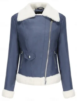 Women's Winter Jacket Fleece Jacket Warm Breathable Zipper Pocket Fleece Lined Casual Plain Vacation Street Daily Wear Going out Zipper Short Turndown Regular Fit Long Sleeve Outerwear Black Royal