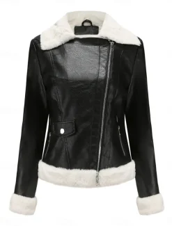 Women's Winter Jacket Fleece Jacket Warm Breathable Zipper Pocket Fleece Lined Casual Plain Vacation Street Daily Wear Going out Zipper Short Turndown Regular Fit Long Sleeve Outerwear Black Royal