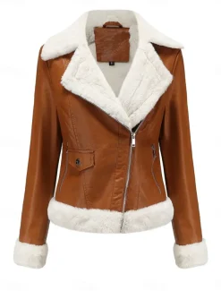 Women's Winter Jacket Fleece Jacket Warm Breathable Zipper Pocket Fleece Lined Casual Plain Vacation Street Daily Wear Going out Zipper Short Turndown Regular Fit Long Sleeve Outerwear Black Royal