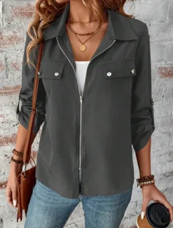 Women's Winter Jacket Outdoor Street Daily Wear Fall Winter Short Coat Regular Fit Thermal Warm Breathable Stylish Casual Jacket Long Sleeve Plain with Pockets Full Zip Wine Blue Gray