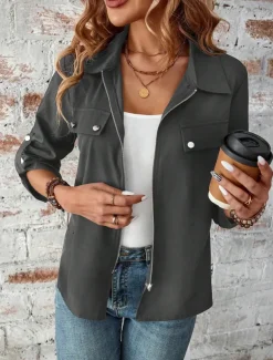 Women's Winter Jacket Outdoor Street Daily Wear Fall Winter Short Coat Regular Fit Thermal Warm Breathable Stylish Casual Jacket Long Sleeve Plain with Pockets Full Zip Wine Blue Gray