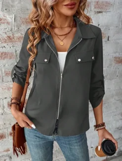 Women's Winter Jacket Outdoor Street Daily Wear Fall Winter Short Coat Regular Fit Thermal Warm Breathable Stylish Casual Jacket Long Sleeve Plain with Pockets Full Zip Wine Blue Gray