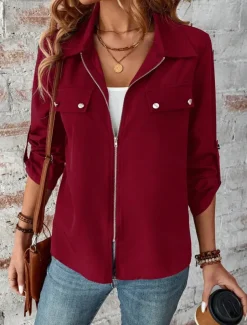 Women's Winter Jacket Outdoor Street Daily Wear Fall Winter Short Coat Regular Fit Thermal Warm Breathable Stylish Casual Jacket Long Sleeve Plain with Pockets Full Zip Wine Blue Gray