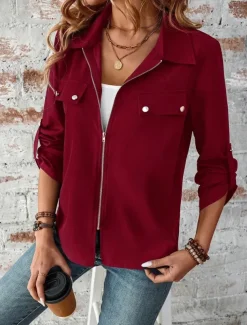 Women's Winter Jacket Outdoor Street Daily Wear Fall Winter Short Coat Regular Fit Thermal Warm Breathable Stylish Casual Jacket Long Sleeve Plain with Pockets Full Zip Wine Blue Gray