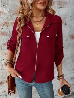 Women's Winter Jacket Outdoor Street Daily Wear Fall Winter Short Coat Regular Fit Thermal Warm Breathable Stylish Casual Jacket Long Sleeve Plain with Pockets Full Zip Wine Blue Gray