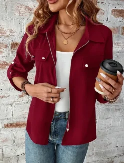 Women's Winter Jacket Outdoor Street Daily Wear Fall Winter Short Coat Regular Fit Thermal Warm Breathable Stylish Casual Jacket Long Sleeve Plain with Pockets Full Zip Wine Blue Gray