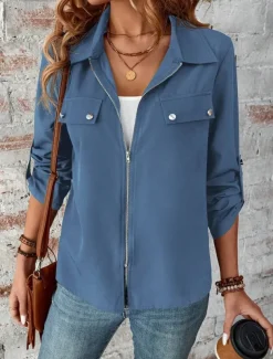 Women's Winter Jacket Outdoor Street Daily Wear Fall Winter Short Coat Regular Fit Thermal Warm Breathable Stylish Casual Jacket Long Sleeve Plain with Pockets Full Zip Wine Blue Gray