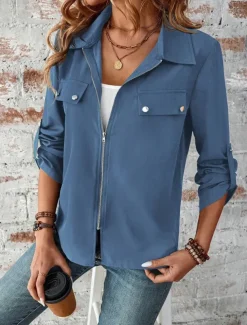 Women's Winter Jacket Outdoor Street Daily Wear Fall Winter Short Coat Regular Fit Thermal Warm Breathable Stylish Casual Jacket Long Sleeve Plain with Pockets Full Zip Wine Blue Gray