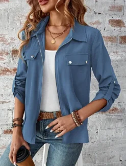 Women's Winter Jacket Outdoor Street Daily Wear Fall Winter Short Coat Regular Fit Thermal Warm Breathable Stylish Casual Jacket Long Sleeve Plain with Pockets Full Zip Wine Blue Gray