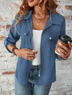 Women's Winter Jacket Outdoor Street Daily Wear Fall Winter Short Coat Regular Fit Thermal Warm Breathable Stylish Casual Jacket Long Sleeve Plain with Pockets Full Zip Wine Blue Gray