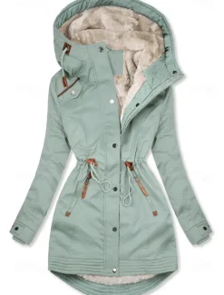 Women's Winter Jacket Parka Warm Zipper Buttons Fleece Lined Casual Street Style Plain Street Casual Daily Casual Daily Zipper Regular Hoodie Regular Fit Long Sleeve Outerwear Black Green Dark Blue