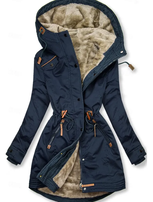 Women's Winter Jacket Parka Warm Zipper Buttons Fleece Lined Casual Street Style Plain Street Casual Daily Casual Daily Zipper Regular Hoodie Regular Fit Long Sleeve Outerwear Black Green Dark Blue