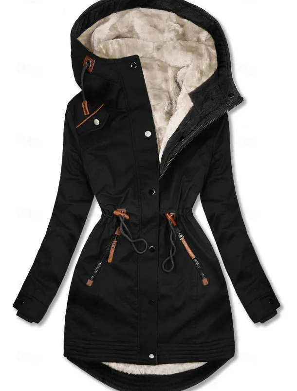 Women's Winter Jacket Parka Warm Zipper Buttons Fleece Lined Casual Street Style Plain Street Casual Daily Casual Daily Zipper Regular Hoodie Regular Fit Long Sleeve Outerwear Black Green Dark Blue