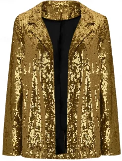 Women's Winter Jacket Party Outdoor Street Fall Winter Regular Coat Regular Fit Thermal Warm Breathable Stylish Casual Jacket Long Sleeve Plain Sequins Silver Red Gold