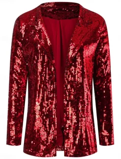 Women's Winter Jacket Party Outdoor Street Fall Winter Regular Coat Regular Fit Thermal Warm Breathable Stylish Casual Jacket Long Sleeve Plain Sequins Silver Red Gold