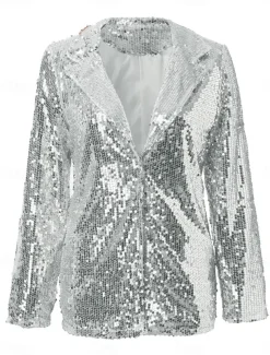 Women's Winter Jacket Party Outdoor Street Fall Winter Regular Coat Regular Fit Thermal Warm Breathable Stylish Casual Jacket Long Sleeve Plain Sequins Silver Red Gold