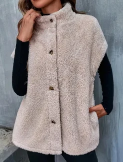 Women's Winter Jacket Street Daily Wear Vacation Fall Winter Regular Coat Regular Fit Warm Breathable Casual Jacket Sleeveless non-printing Solid Color Adjustable Beige