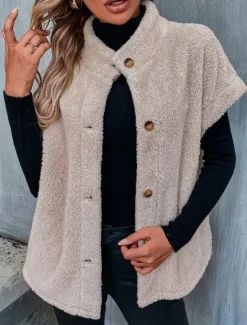 Women's Winter Jacket Street Daily Wear Vacation Fall Winter Regular Coat Regular Fit Warm Breathable Casual Jacket Sleeveless non-printing Solid Color Adjustable Beige