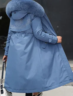 Women's Winter Jacket Winter Coat Coat Parka Outdoor Street Daily Winter Fall Long Coat Regular Fit Adjustable Windproof Warm Breathable Streetwear Embroidery Casual Jacket Long Sleeve Solid Color