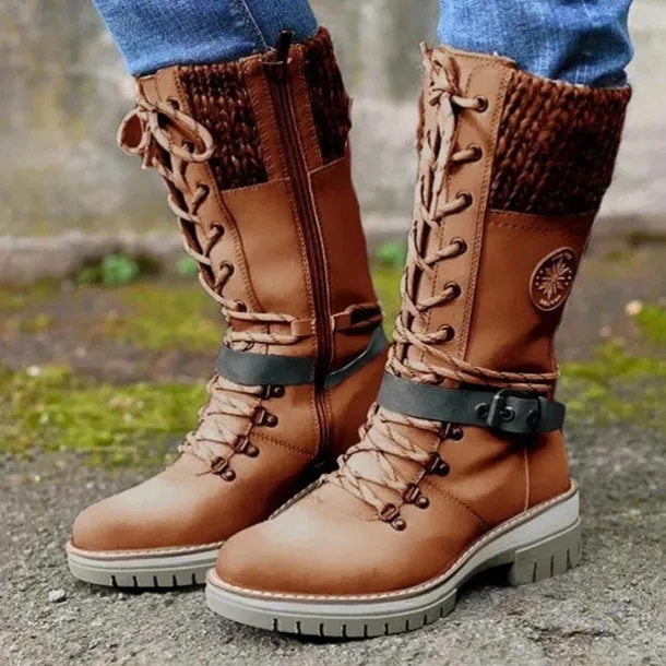 Women's Winter Lace-Up Snow Boots with Knit Cuff – Warm Waterproof Outdoor Combat Boots with Side Zipper and Anti-Slip Sole for Cold Weather and Hiking