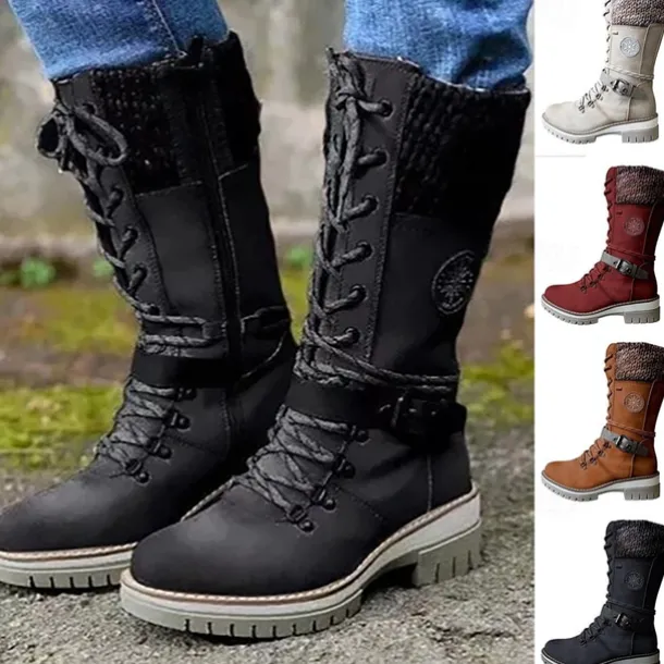 Women's Winter Lace-Up Snow Boots with Knit Cuff – Warm Waterproof Outdoor Combat Boots with Side Zipper and Anti-Slip Sole for Cold Weather and Hiking